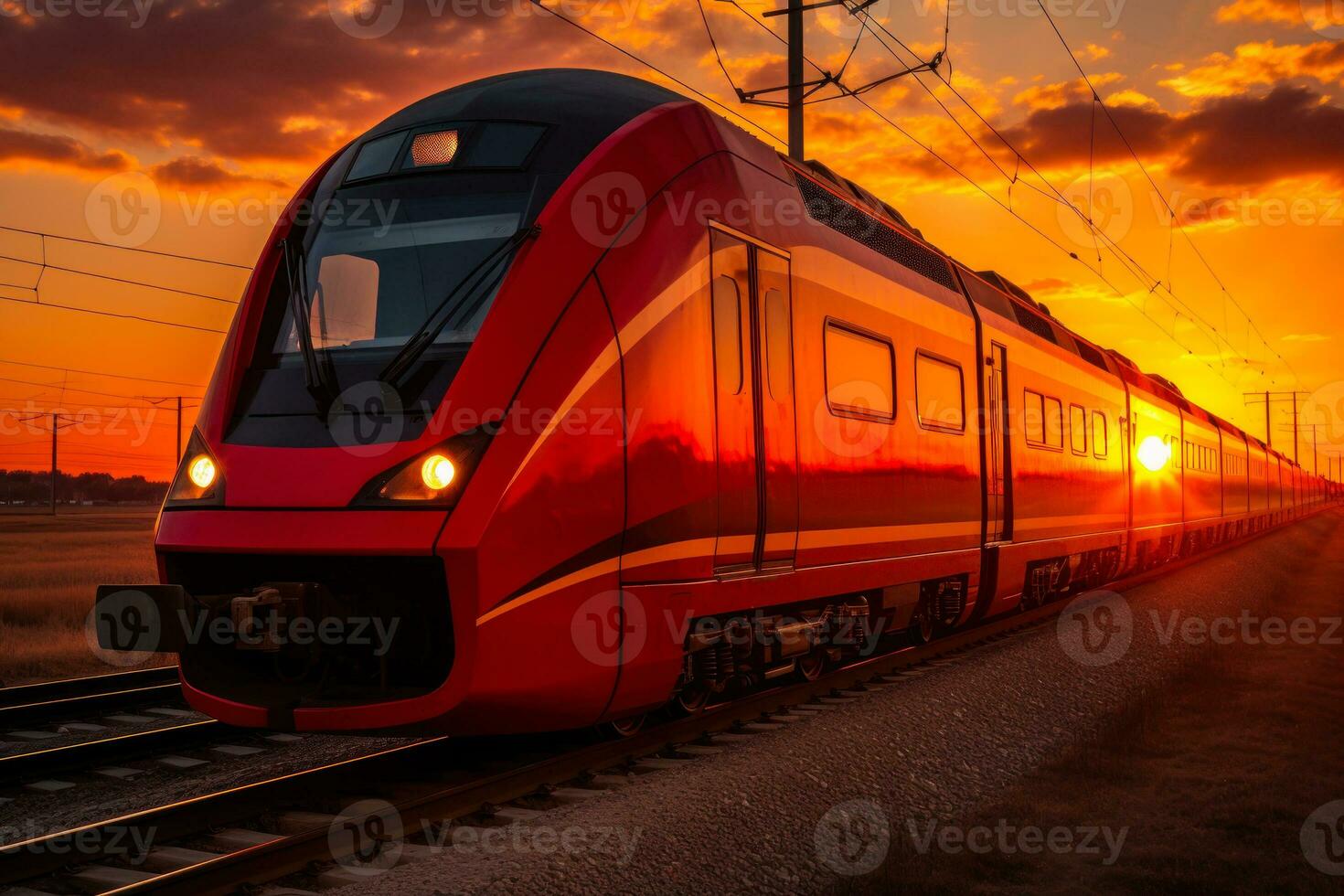 rosso veloce alta velocità treno contro il sfondo di il sera sole generativo ai foto