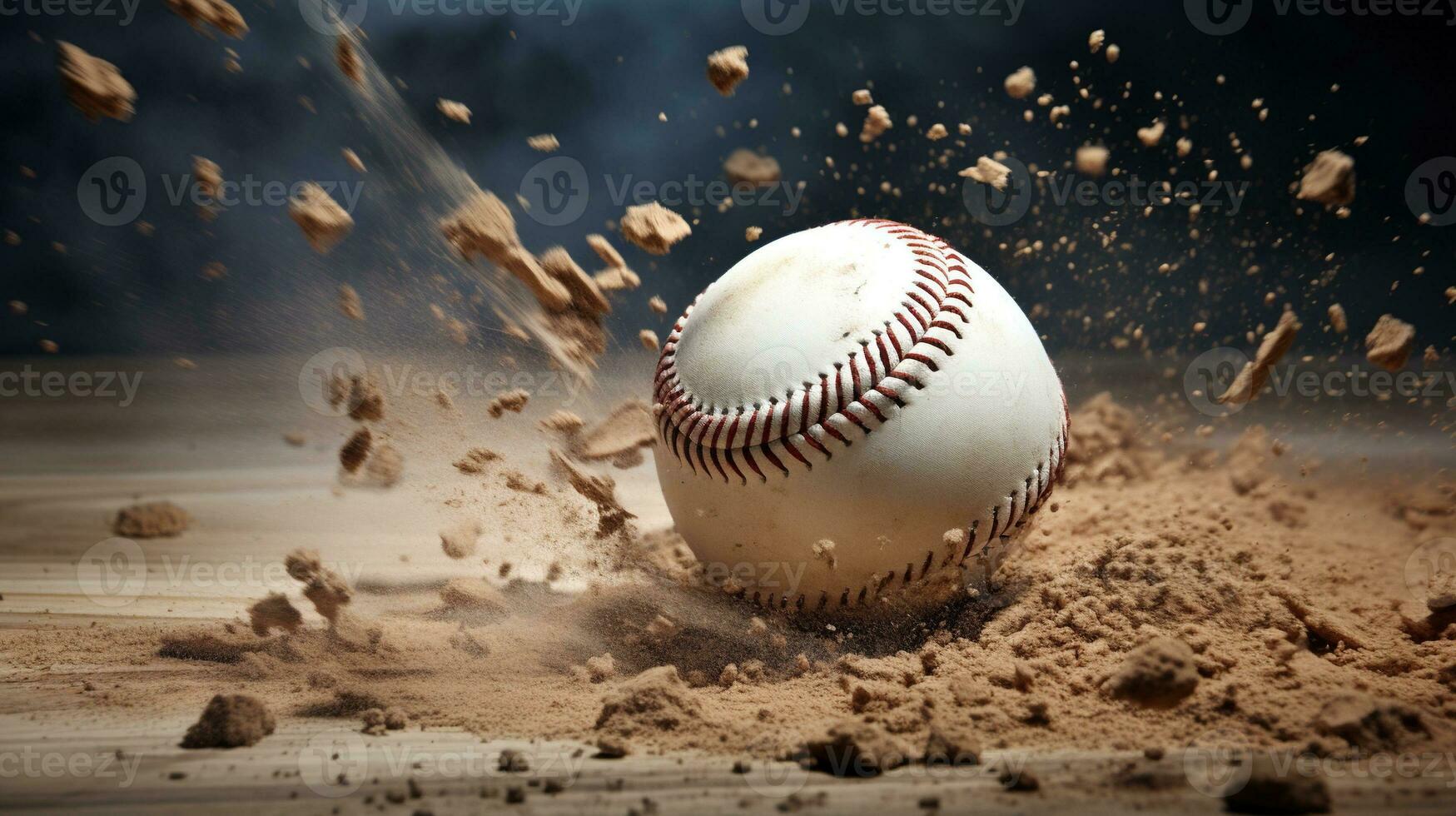 generativo ai, baseball palla nel asciutto sabbia esplosione, su il brocche tumulo foto
