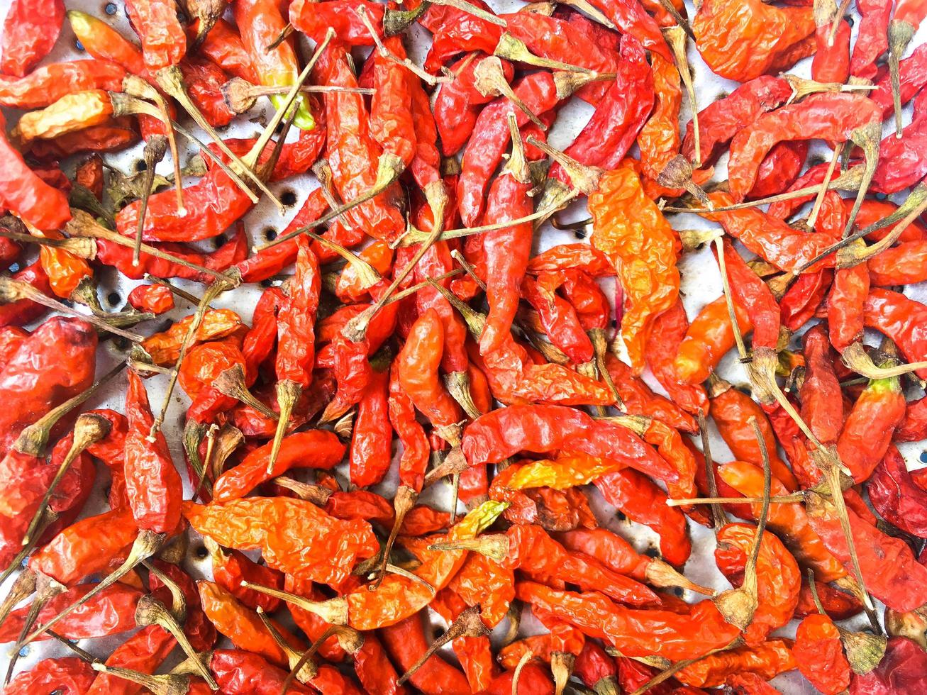 vista dall'alto di peperoncino rosso e peperoncino secco. foto