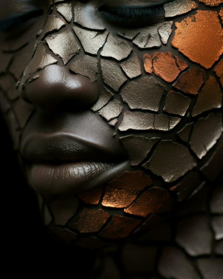 un' donna con Cracked pelle e dipingere su sua viso è raffigurato nel il Immagine.. generativo ai foto