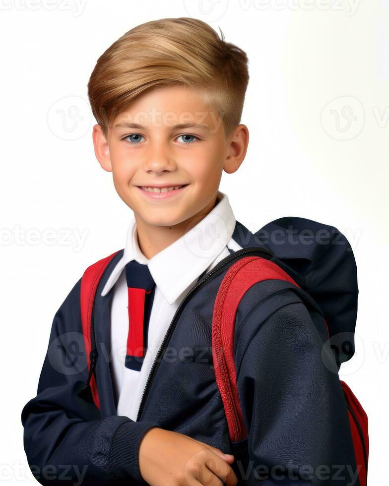 piccolo ragazzo nel scuola uniforme con zaino nel davanti di bianca sfondo. generativo ai foto