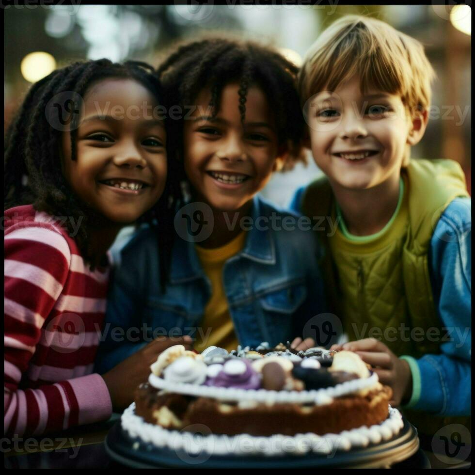 un' gruppo di figli, Due ragazzi e un' ragazza, siamo festeggiare un' compleanno con un' torta.. generativo ai foto