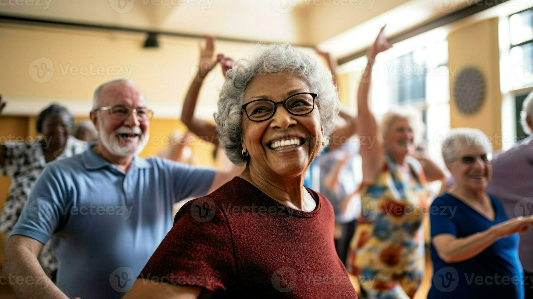 un' gruppo di anziano persone danza e avendo divertimento insieme. generativo ai foto