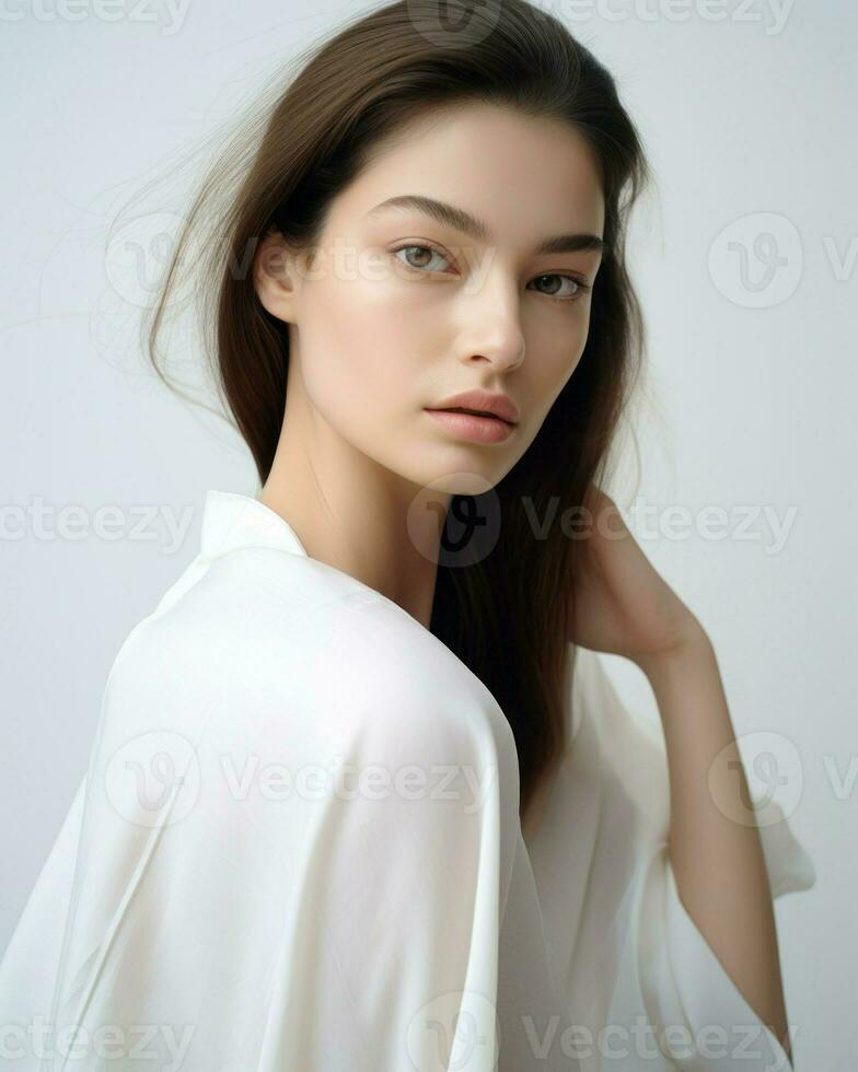 un' bellissimo giovane donna indossare un' bianca camicia e trucco è raffigurato nel il Immagine. il scena è minimalista nel natura.. generativo ai foto