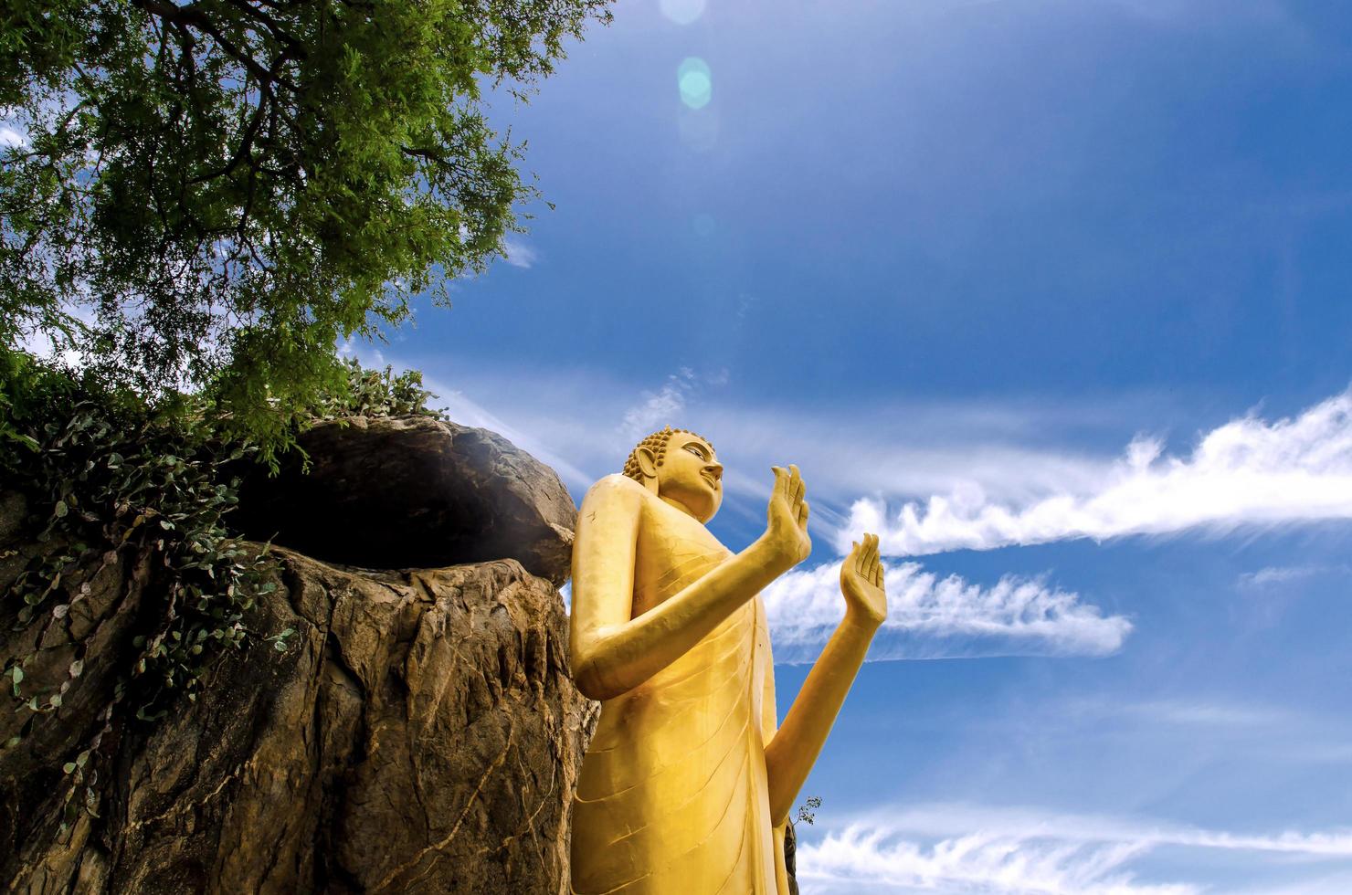 statua del buddha sulla montagna e sull'albero e sul bel cielo azzurro. foto