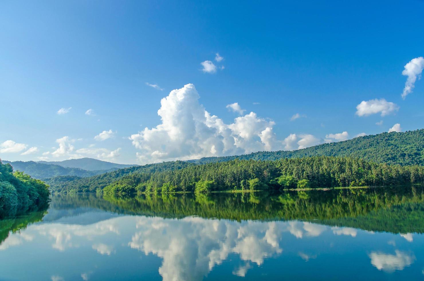 paesaggio della diga e del lago sulla montagna con alberi e foreste. foto