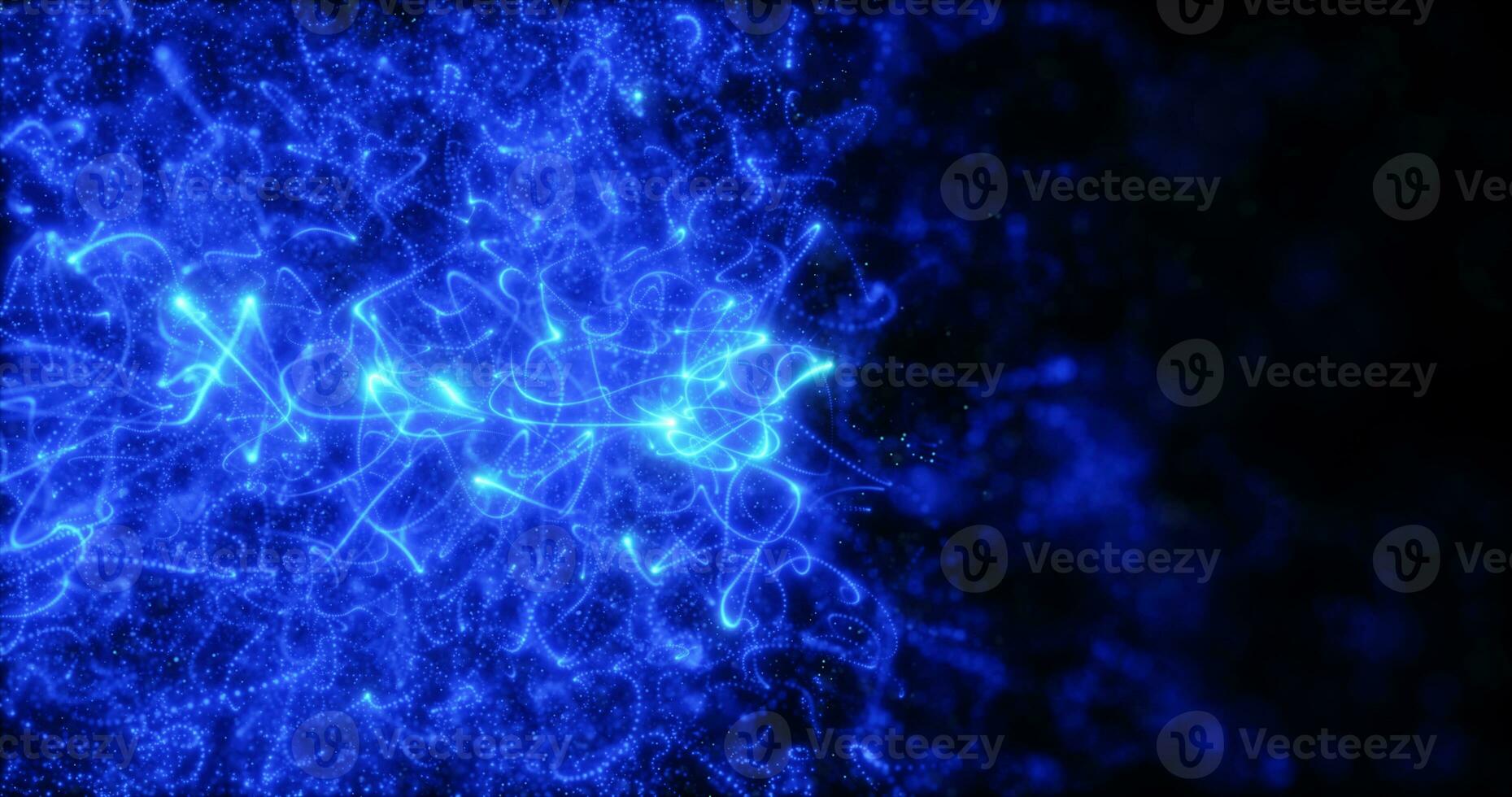 sfocato blu astratto sfondo di bokeh e piccolo il giro particelle e Linee di energia magico vacanza volante puntini su un' nero sfondo foto