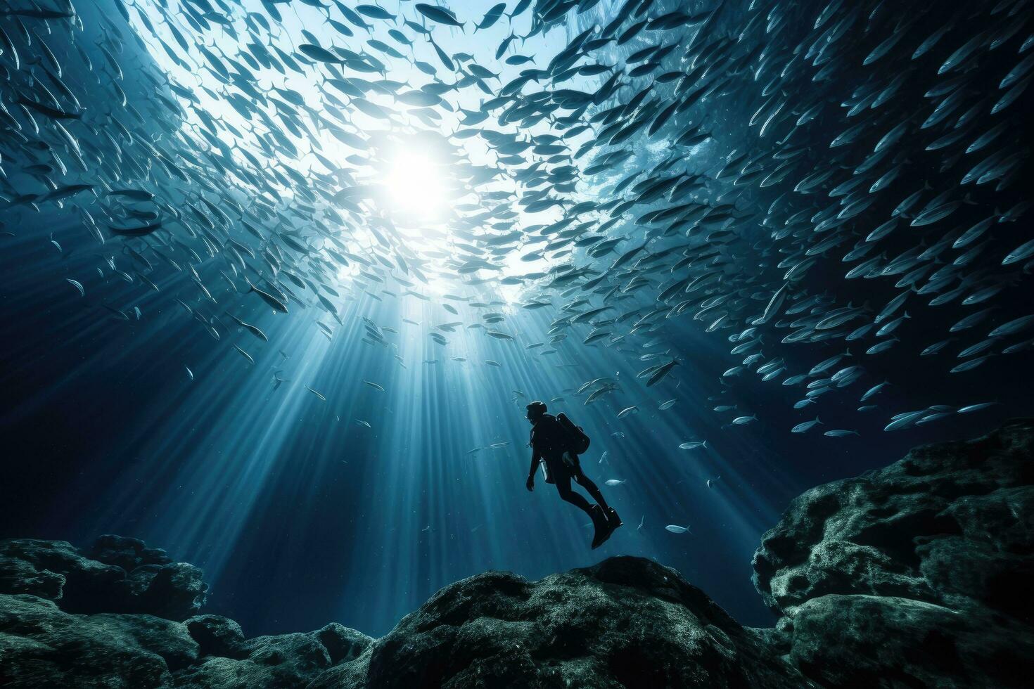 silhouette di tuffatore e scuola di pesce nel il blu mare, ai generato foto