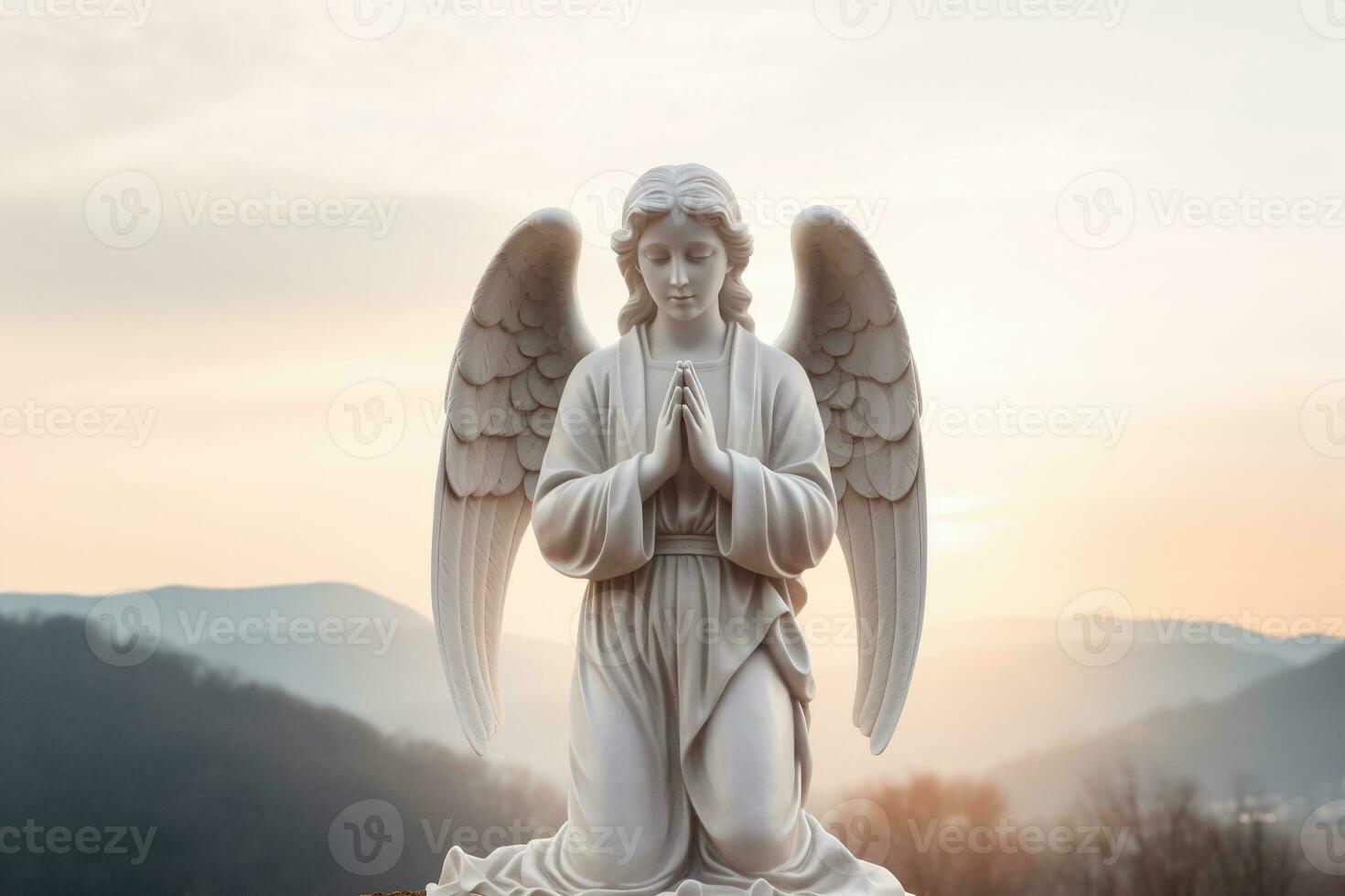 angelo statua con Alba nel il sfondo, religione e spiritualità concetto. ai generato foto