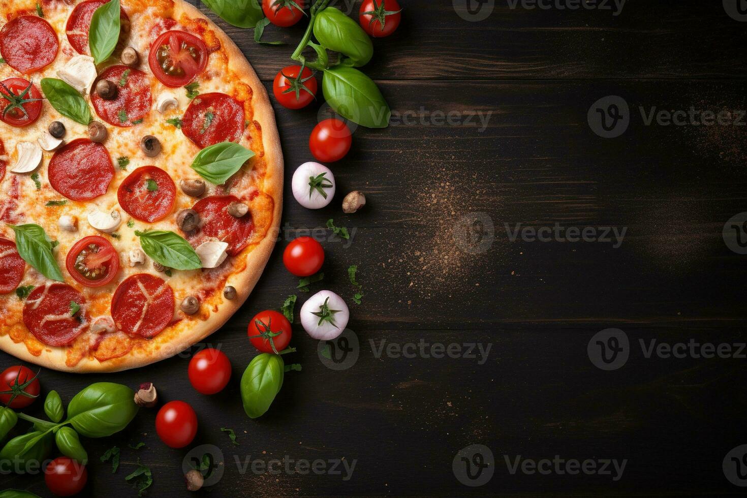 peperoni Pizza su un' buio sfondo. superiore Visualizza con copia spazio. ai generato foto