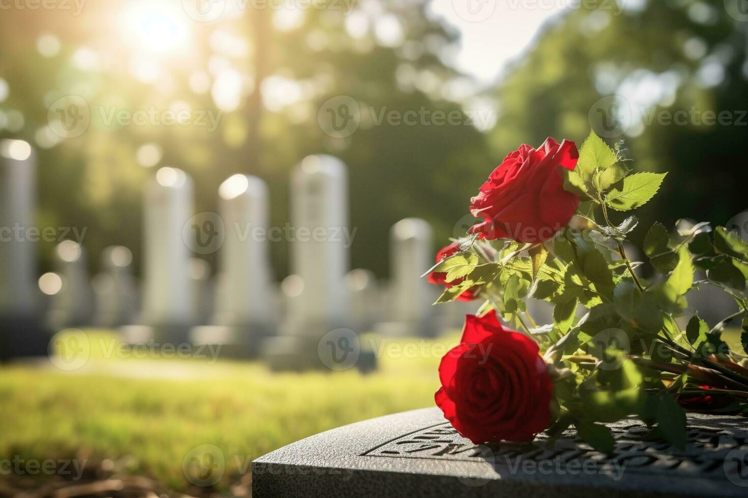rosso Rose su un' tomba a un' cimitero durante il tramonto con copia spazio ai generato foto