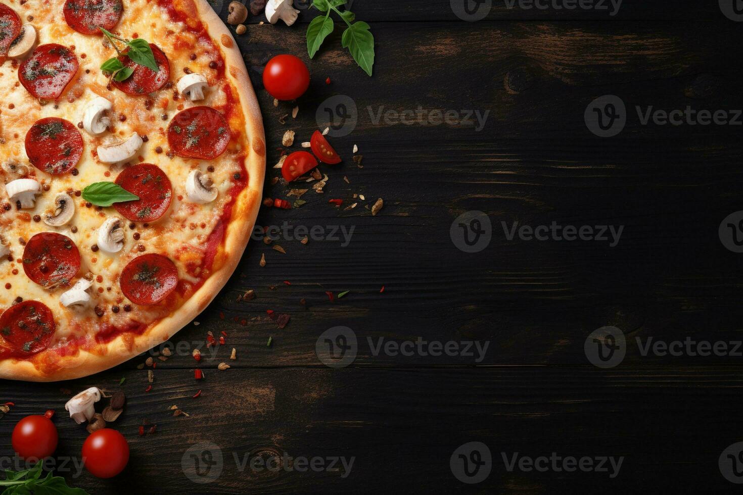 peperoni Pizza su un' buio sfondo. superiore Visualizza con copia spazio. ai generato foto