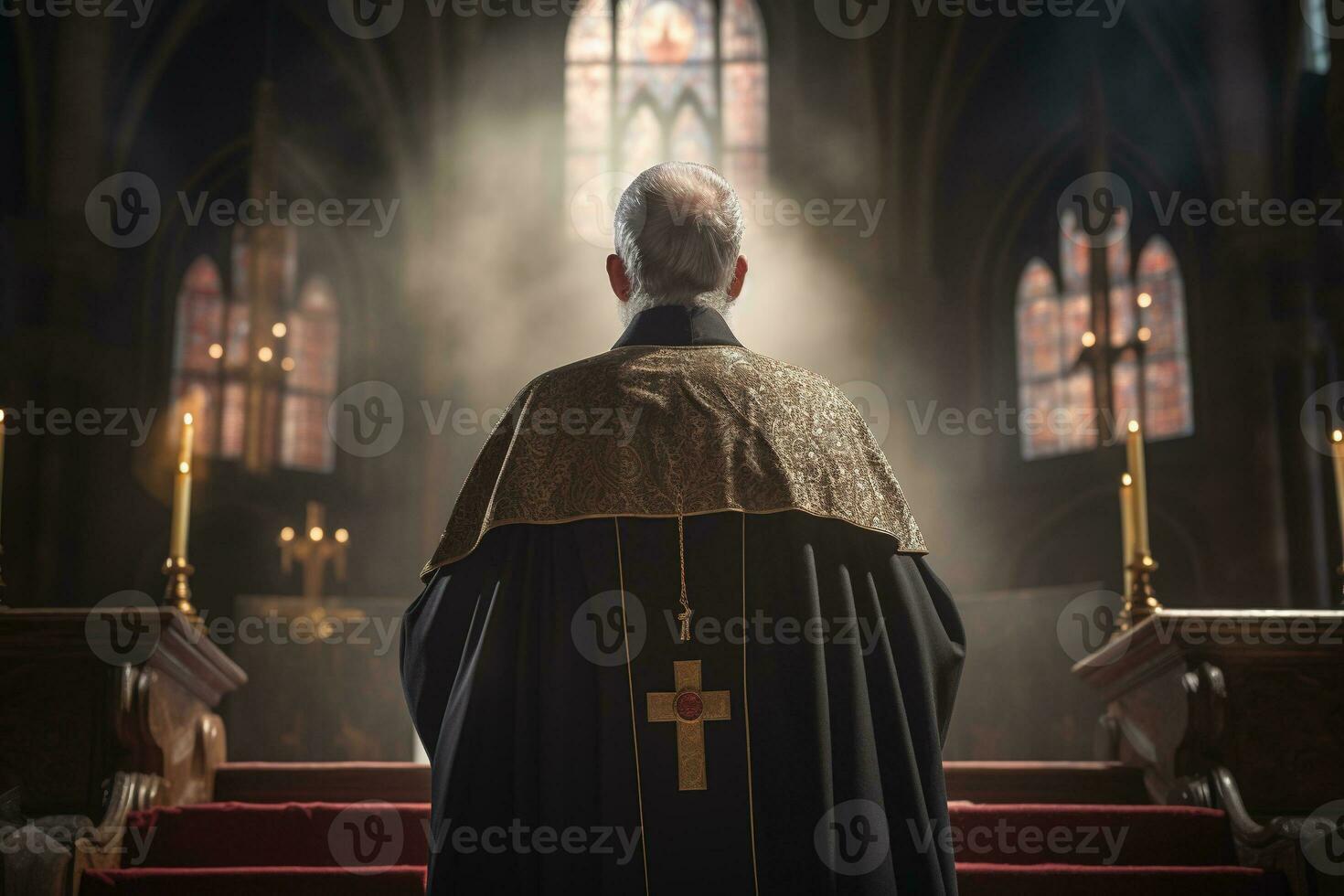 posteriore Visualizza di sacerdote guardare a Chiesa interno. religione concetto. ai generato foto