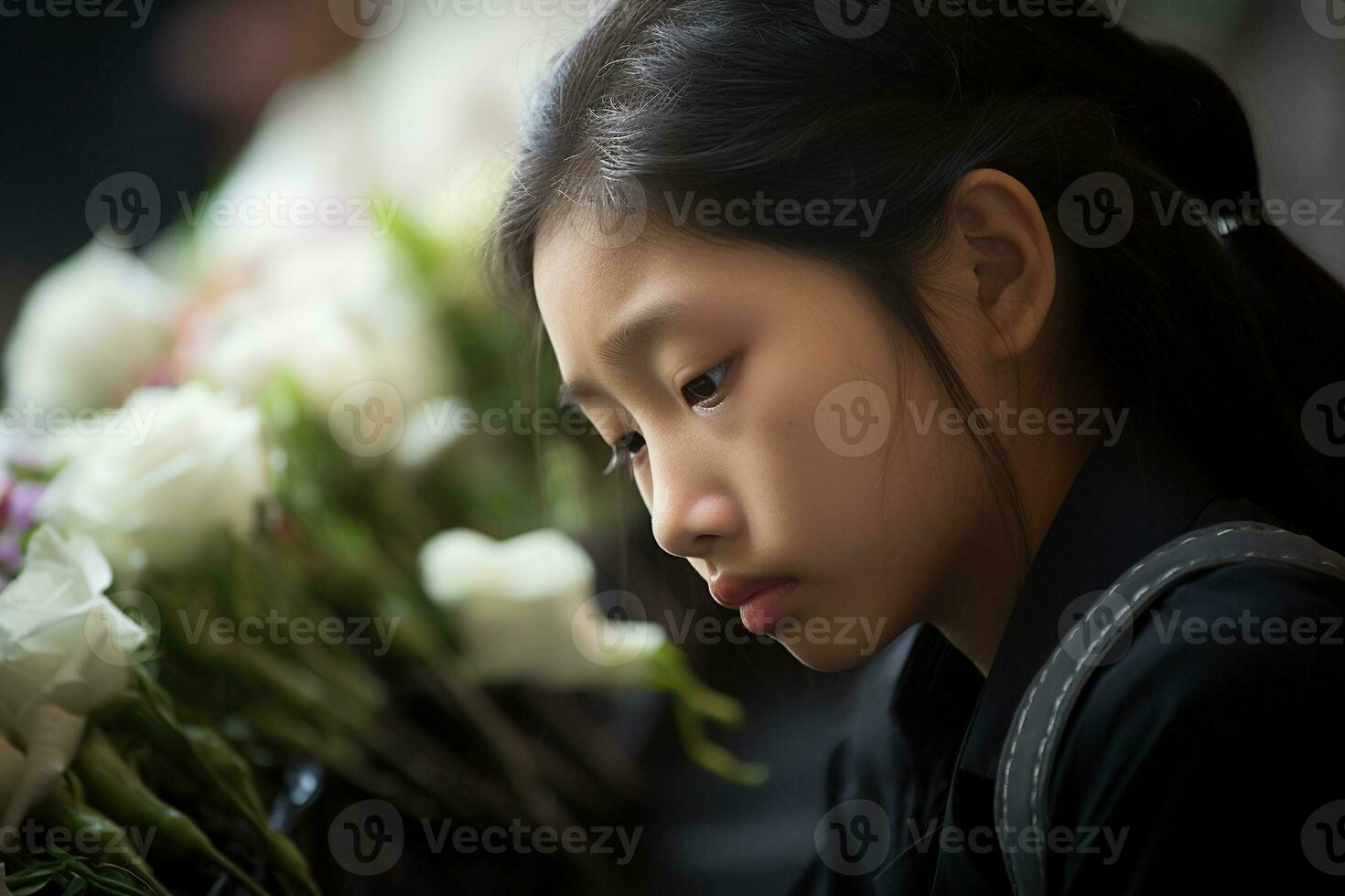 ritratto di un' poco asiatico ragazza con nel il cimitero, funerale concetto ai generato foto