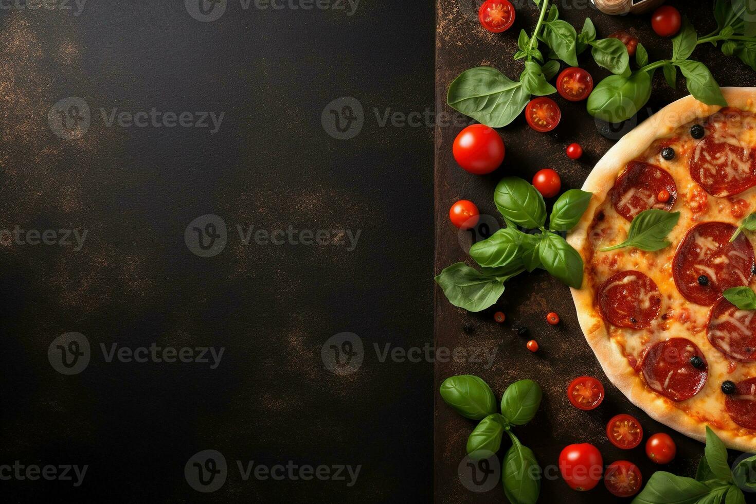 peperoni Pizza su un' buio sfondo. superiore Visualizza con copia spazio. ai generato foto