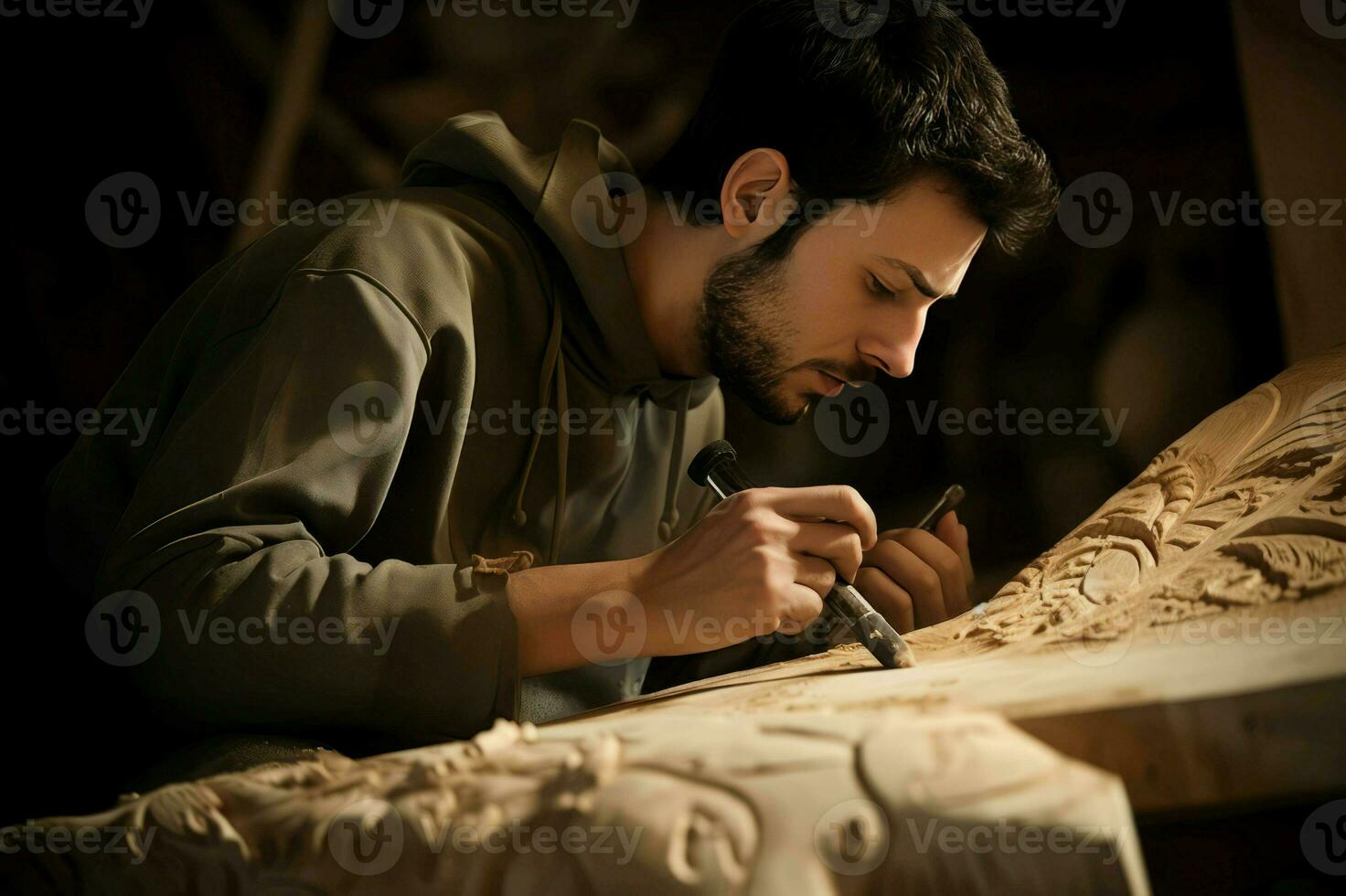 intagliatore di legno uomo Lavorando. creare ai foto