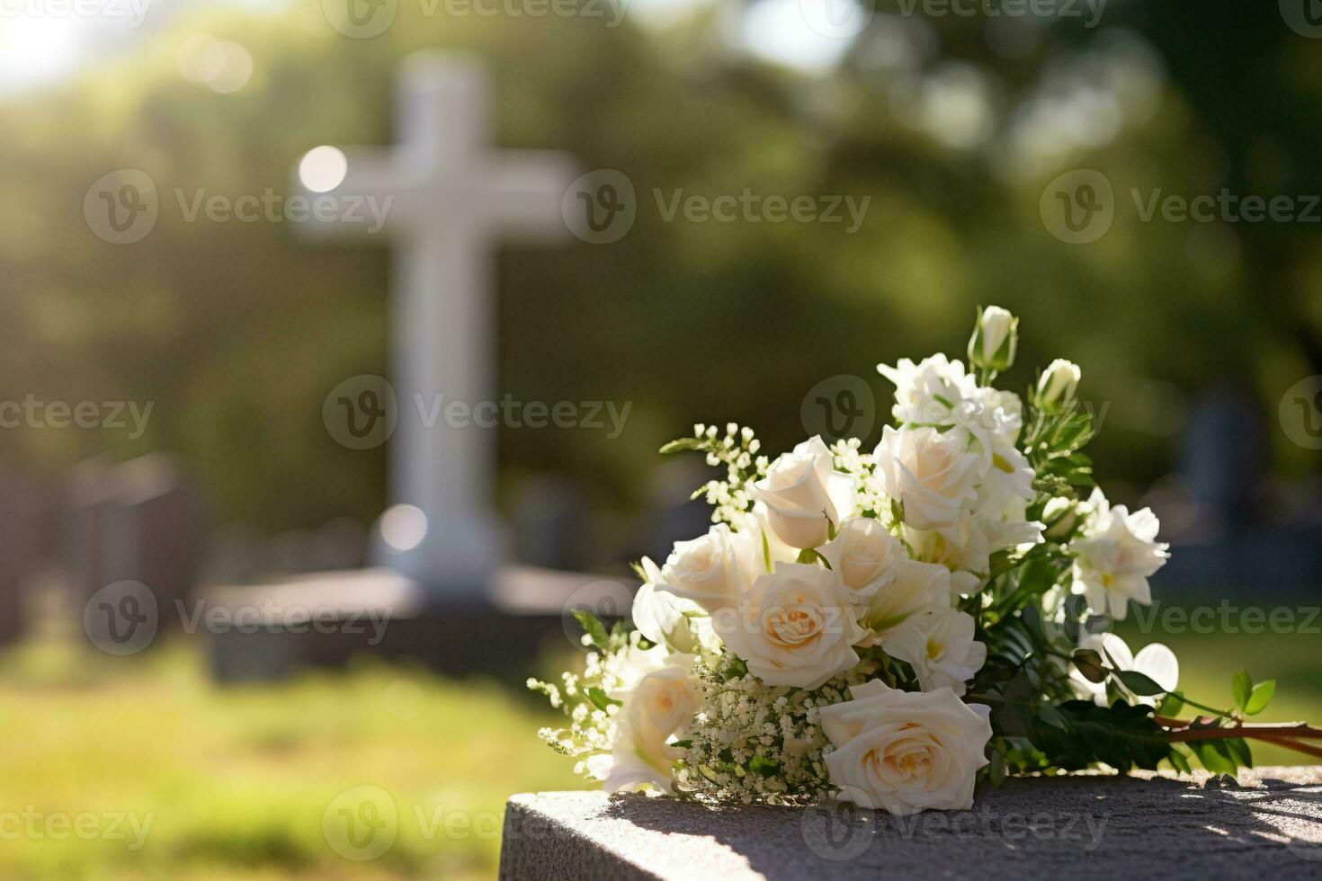 bianca fiori nel davanti di un' pietra sepolcrale a un' cimitero con tramonto.funerale concetto ai generato foto