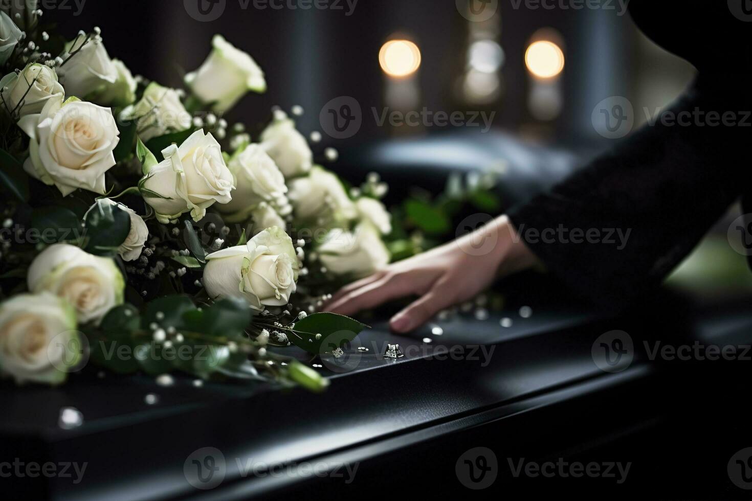 avvicinamento di un' donna di mano collocazione un' mazzo di bianca Rose nel un' bara.funerale concetto ai generato foto