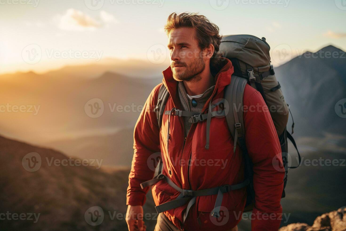 bello giovane uomo con zaino escursioni a piedi nel il montagne a tramonto ai generato foto