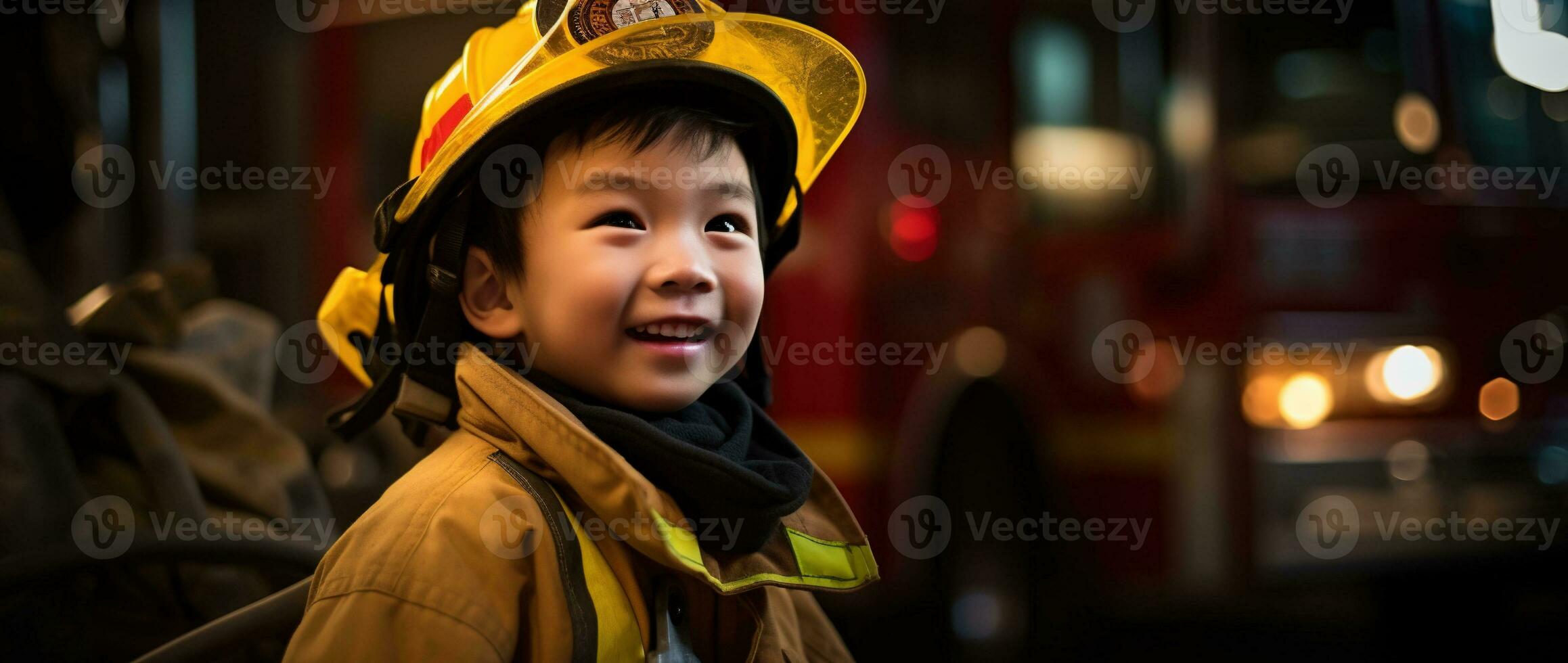 ritratto di contento asiatico ragazzo indossare pompiere uniforme con fuoco camion nel sfondo ai generato foto