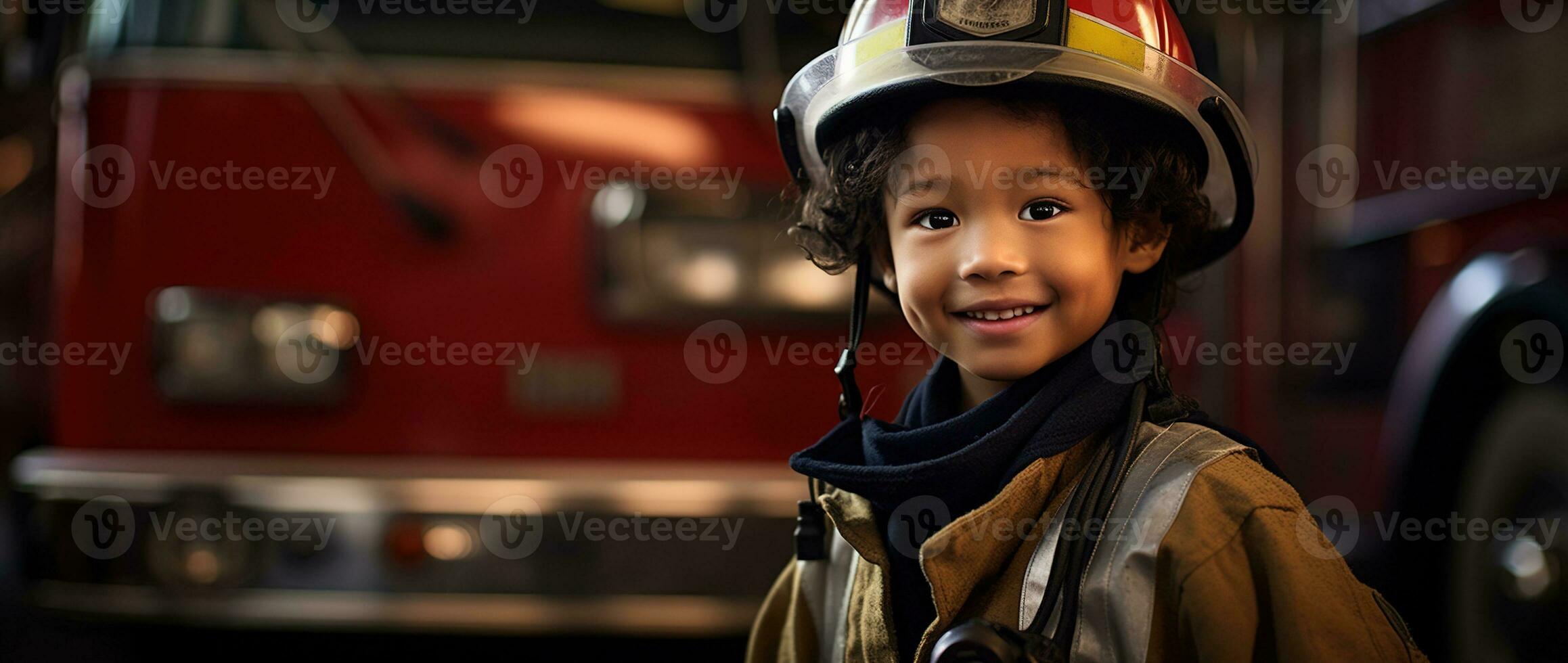 ritratto di contento asiatico ragazzo indossare pompiere uniforme con fuoco camion nel sfondo ai generato foto