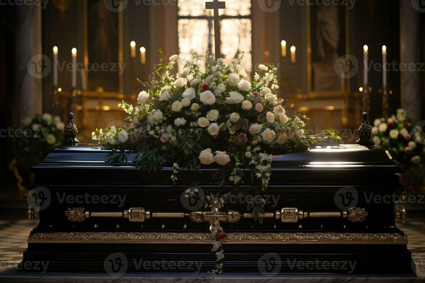 avvicinamento tiro di un' cofanetto nel un' carro funebre o cappella prima funerale o sepoltura a cimitero ai generato foto