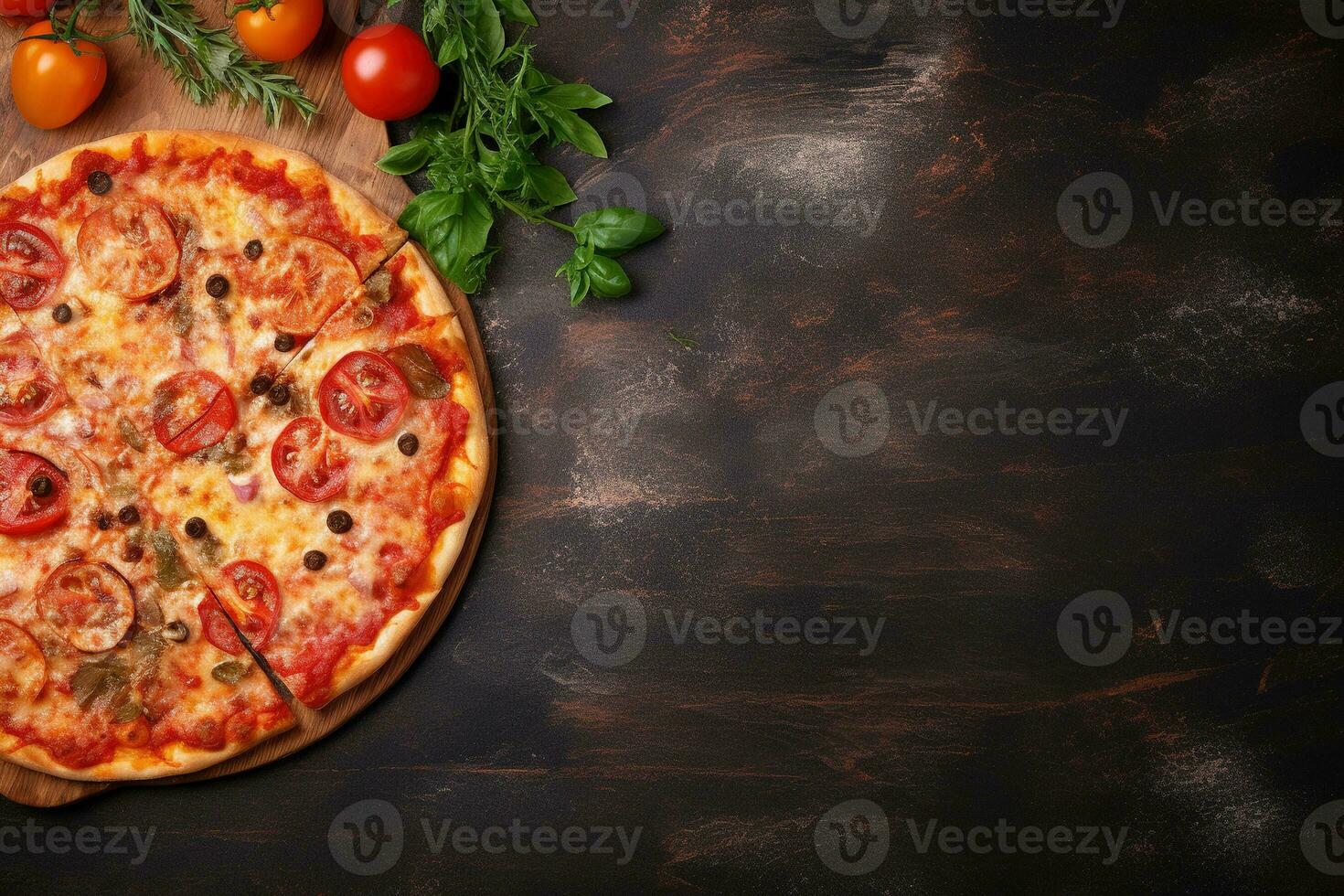 peperoni Pizza su un' buio sfondo. superiore Visualizza con copia spazio. ai generato foto