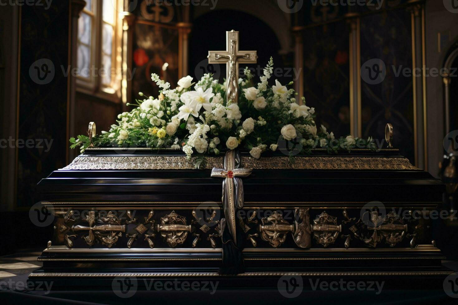 avvicinamento tiro di un' cofanetto nel un' carro funebre o cappella prima funerale o sepoltura a cimitero ai generato foto