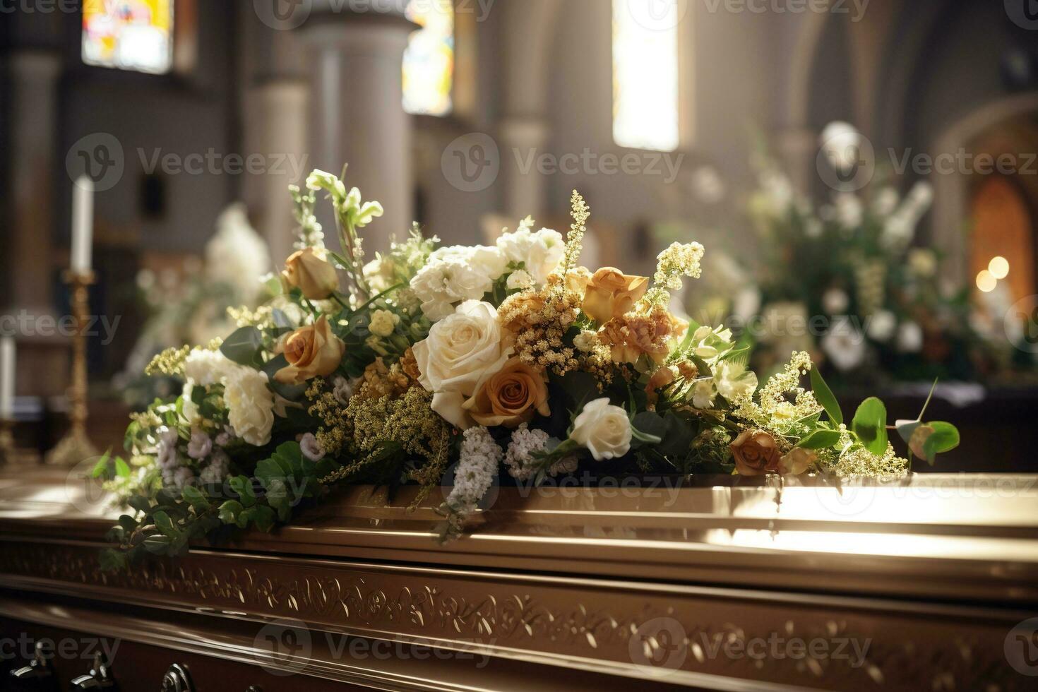 bellissimo fiori nel un' bara a un' funerale ai generato foto