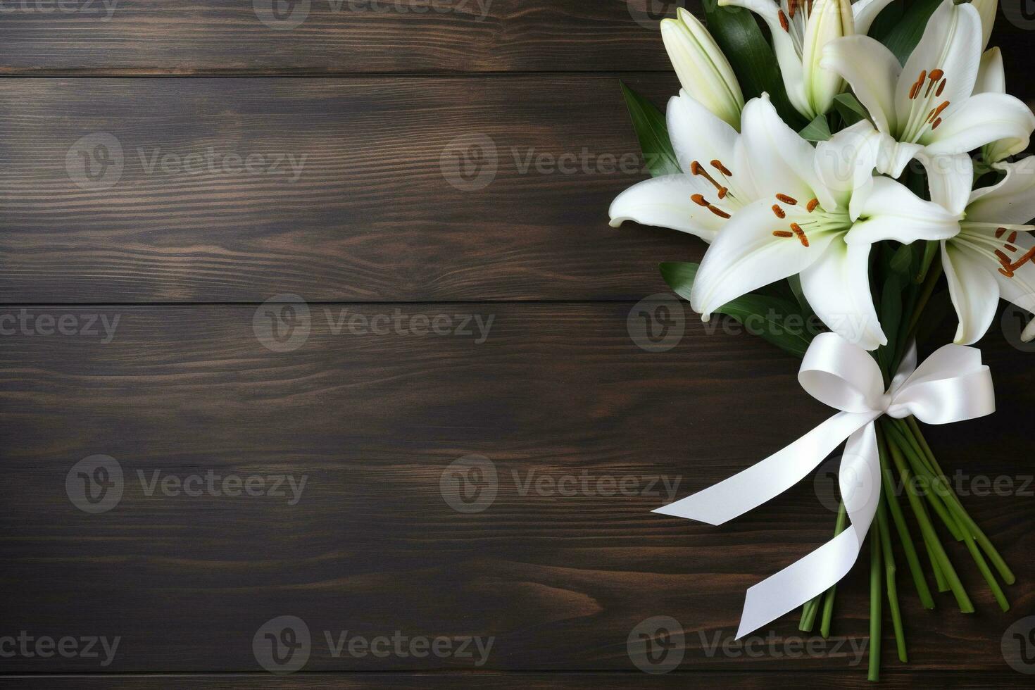 bianca giglio fiori su di legno sfondo. superiore Visualizza con copia spazio.funerale concetto ai generato foto