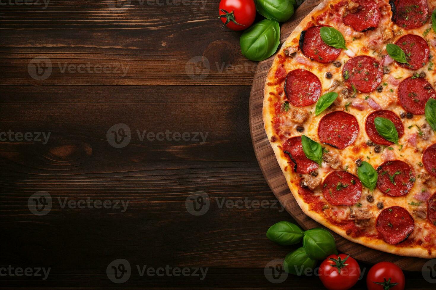 peperoni Pizza su un' buio sfondo. superiore Visualizza con copia spazio. ai generato foto