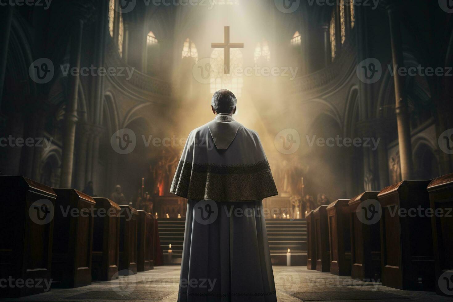 posteriore Visualizza di sacerdote guardare a Chiesa interno. religione concetto. ai generato foto