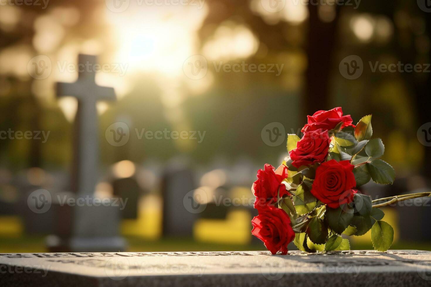 rosso Rose su un' tomba a un' cimitero durante il tramonto con copia spazio ai generato foto