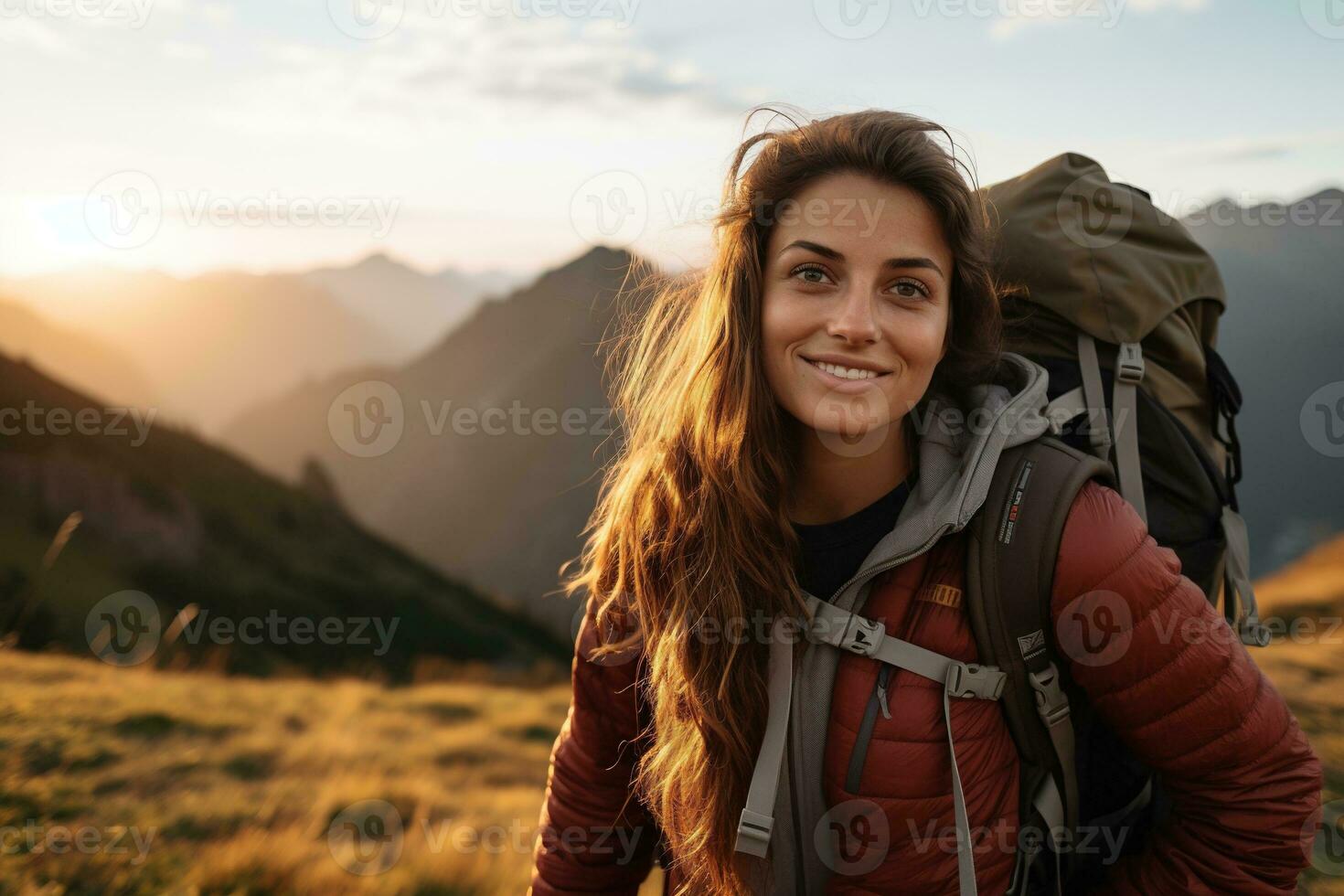 bellissimo donna escursionista con zaino escursioni a piedi nel il montagne a tramonto ai generato foto