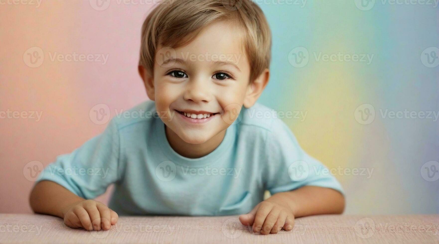 sorridente carino poco ragazzo contro colorato pastello sfondo con spazio per testo, bambini sfondo Immagine, ai generato foto