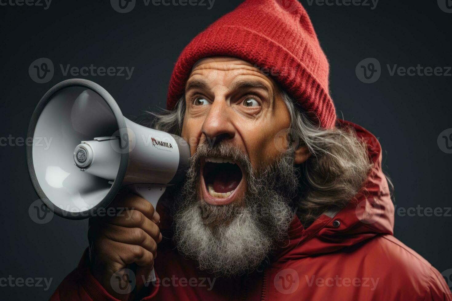 ritratto di arrabbiato anziano uomo nel rosso felpa con cappuccio urlando attraverso megafono isolato su grigio. ai generato foto