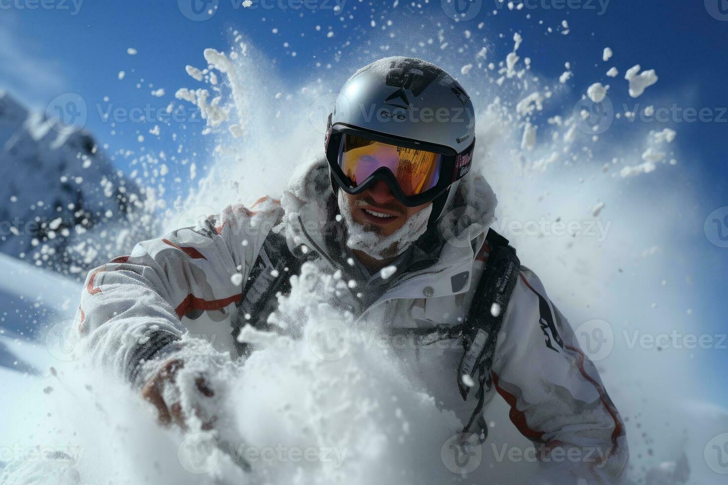 sciatore sciare discesa nel alto montagne durante soleggiato giorno. misto media. estremo inverno sport. 3d illustrazione. freeride sciatore scorrevole discesa nel neve su un' buio sfondo. ai generato foto