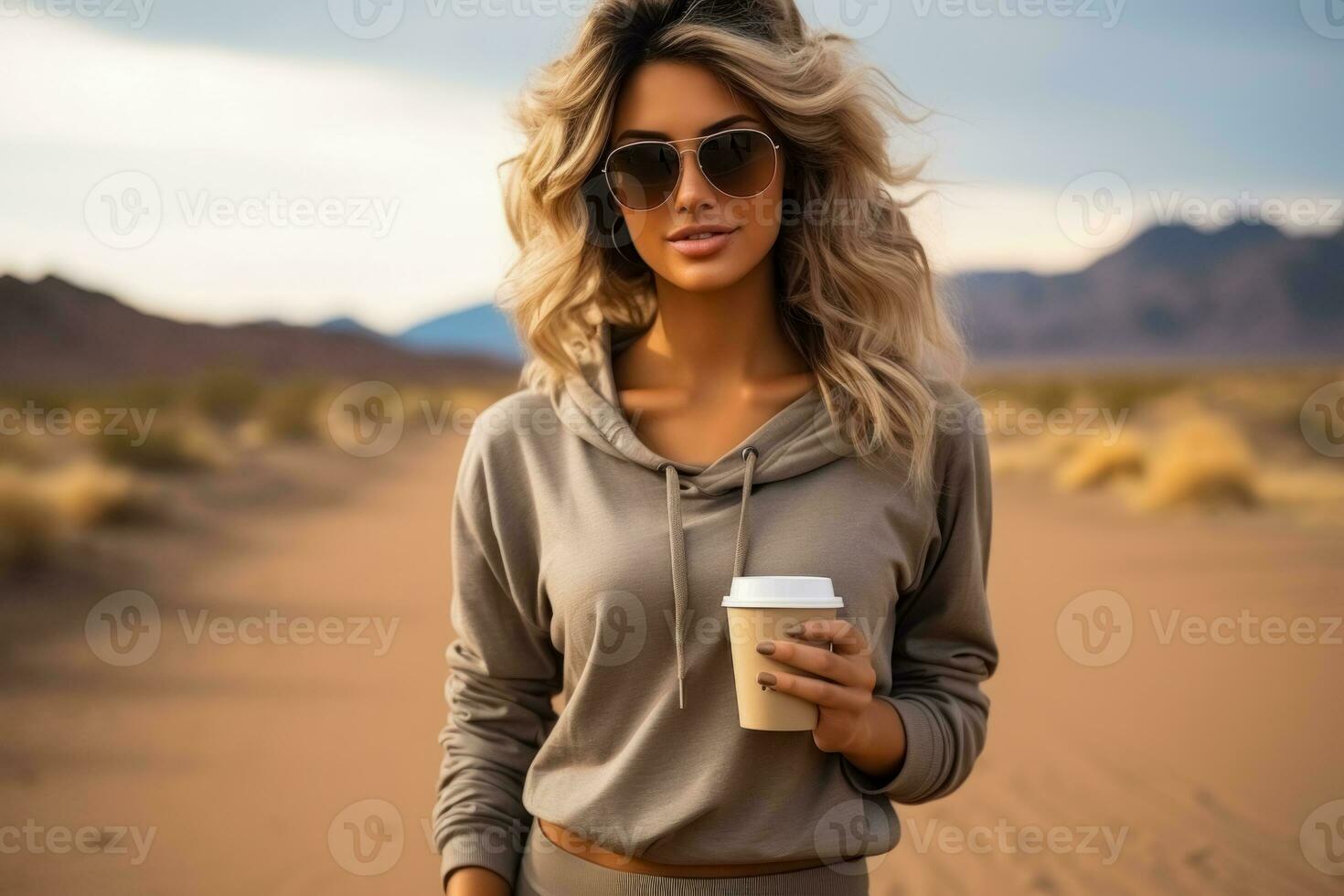 bellissimo giovane donna nel occhiali da sole Tenere caffè tazza nel deserto. ai generato foto