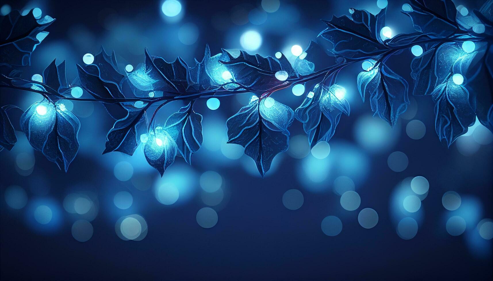 Natale ghirlanda bokeh luci al di sopra di d'oro blu sfondo ai generato foto