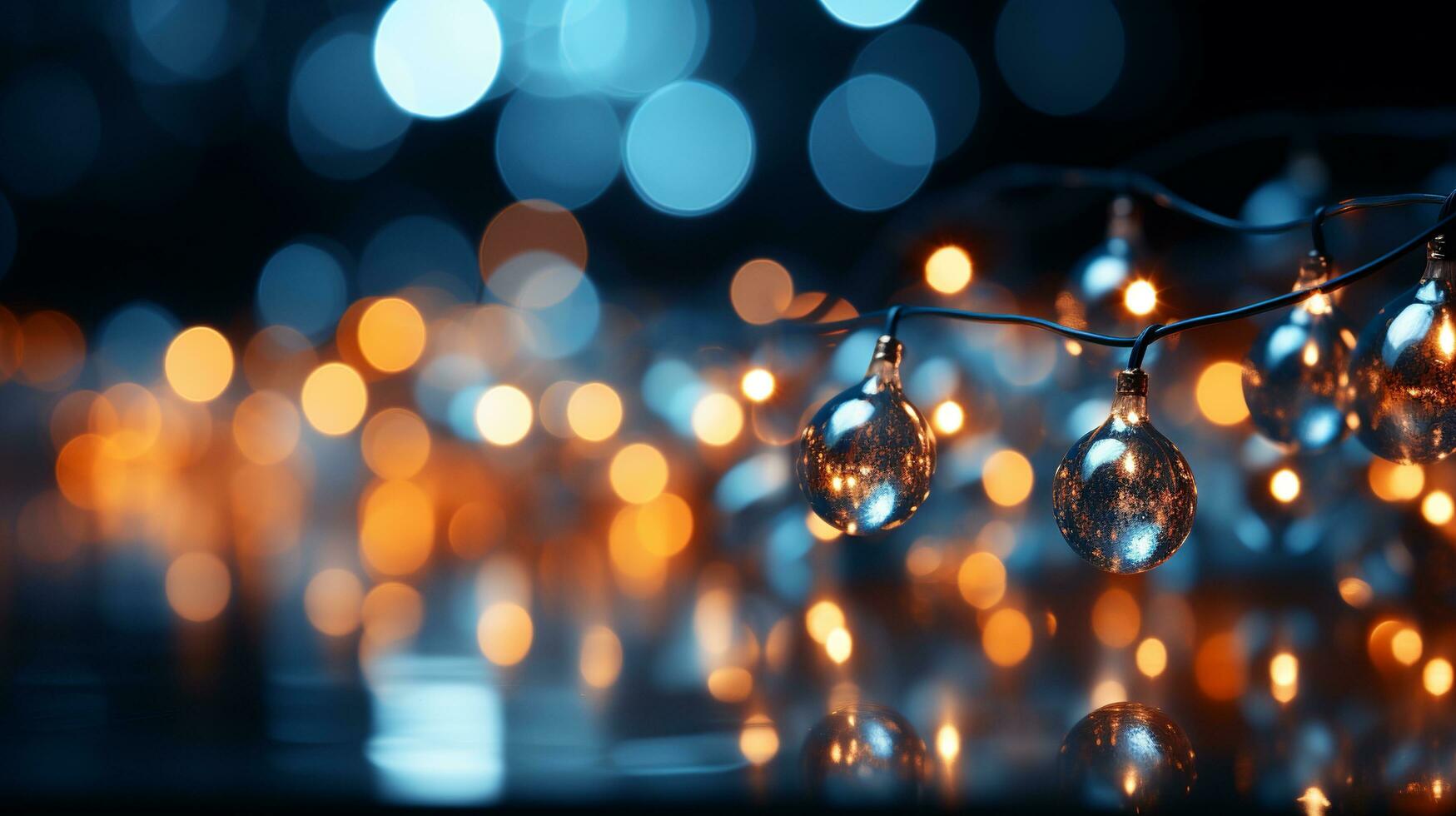 Natale ghirlanda bokeh luci al di sopra di d'oro blu sfondo ai generato foto