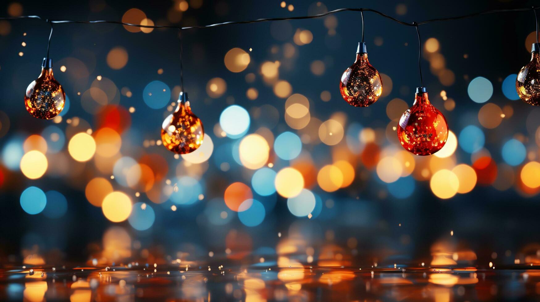 Natale ghirlanda bokeh luci al di sopra di d'oro blu sfondo ai generato foto