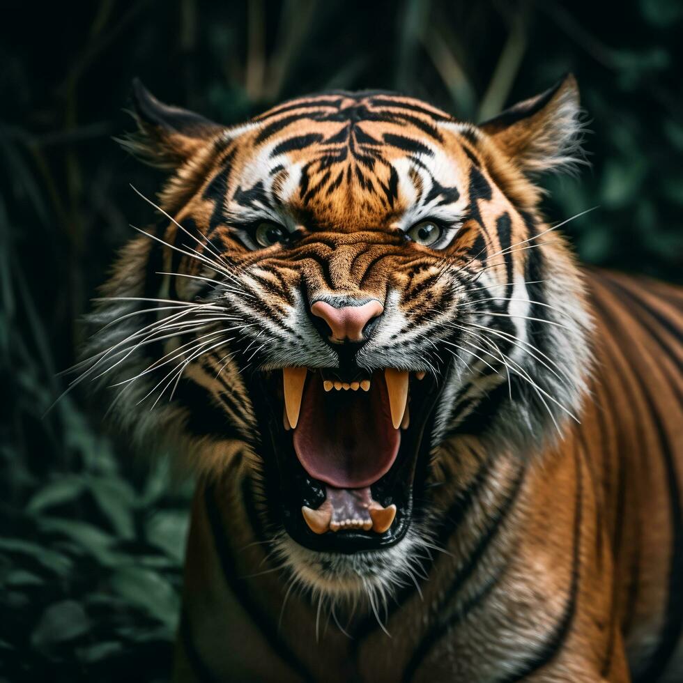 vicino su ritratto di un' ruggente tigre, generativo ai foto