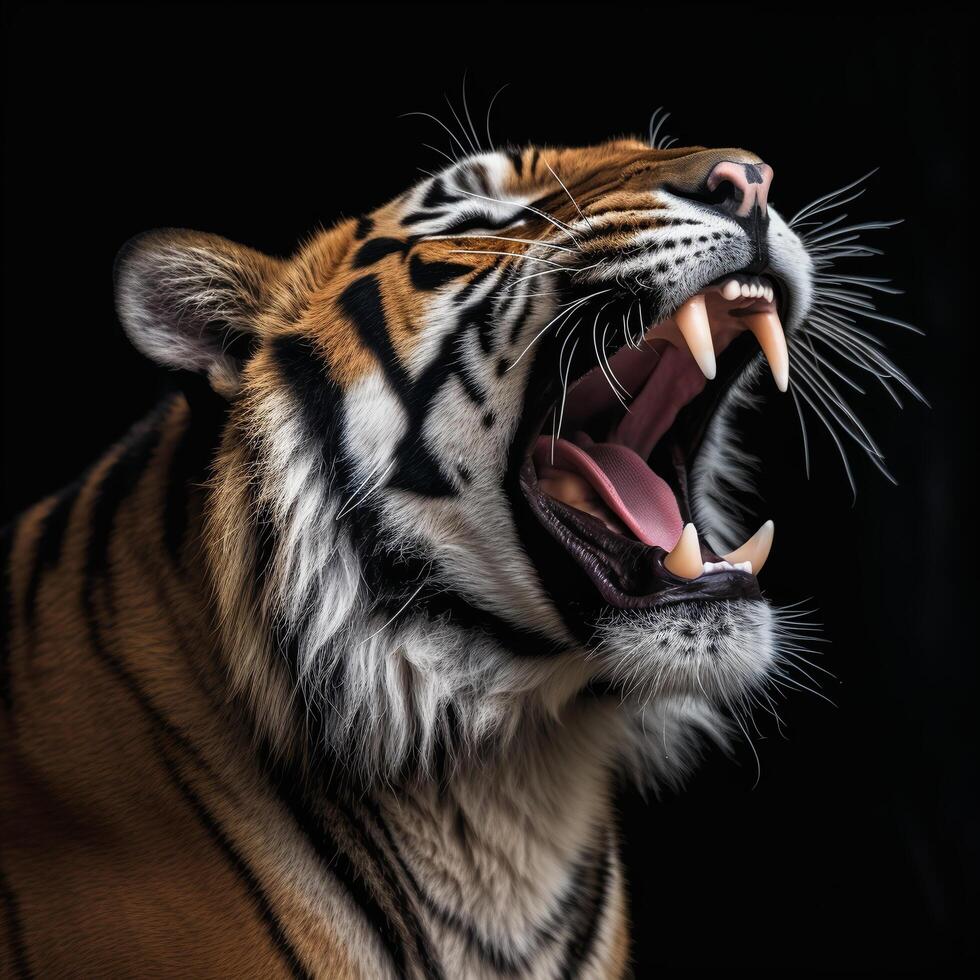 vicino su ritratto di un' ruggente tigre, generativo ai foto