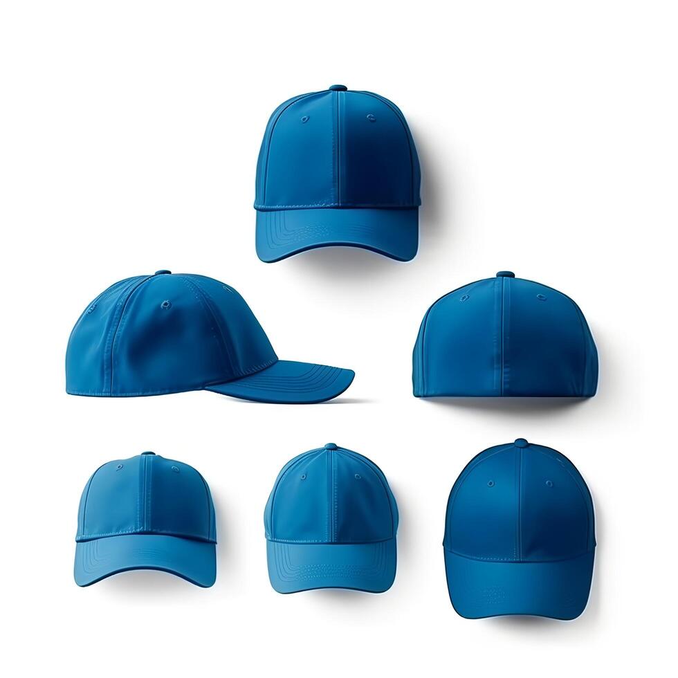 impostato di blu cappello mockup con vario angoli, generativo ai foto