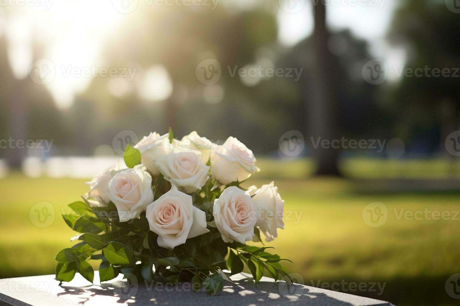 bianca fiori nel davanti di un' pietra sepolcrale a un' cimitero con tramonto.funerale concetto ai generato foto