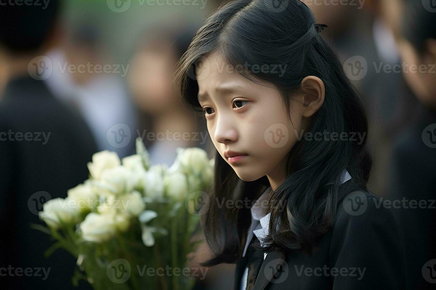 ritratto di un' poco asiatico ragazza con nel il cimitero, funerale concetto ai generato foto