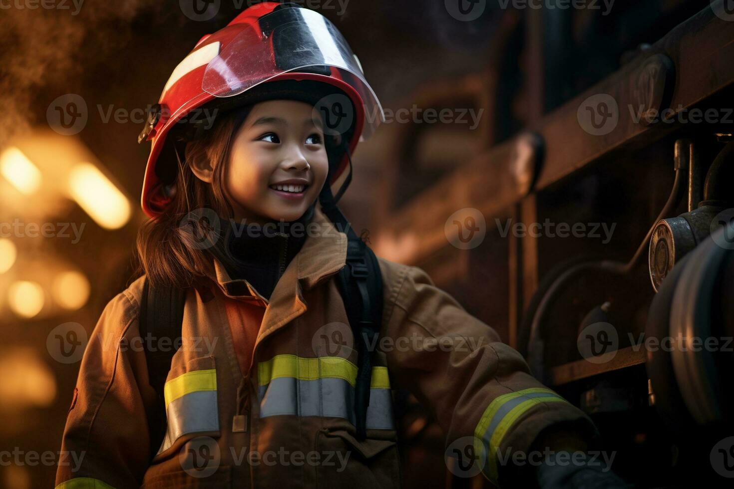 ritratto di un' carino poco asiatico ragazza indossare un' pompiere uniforme ai generato foto