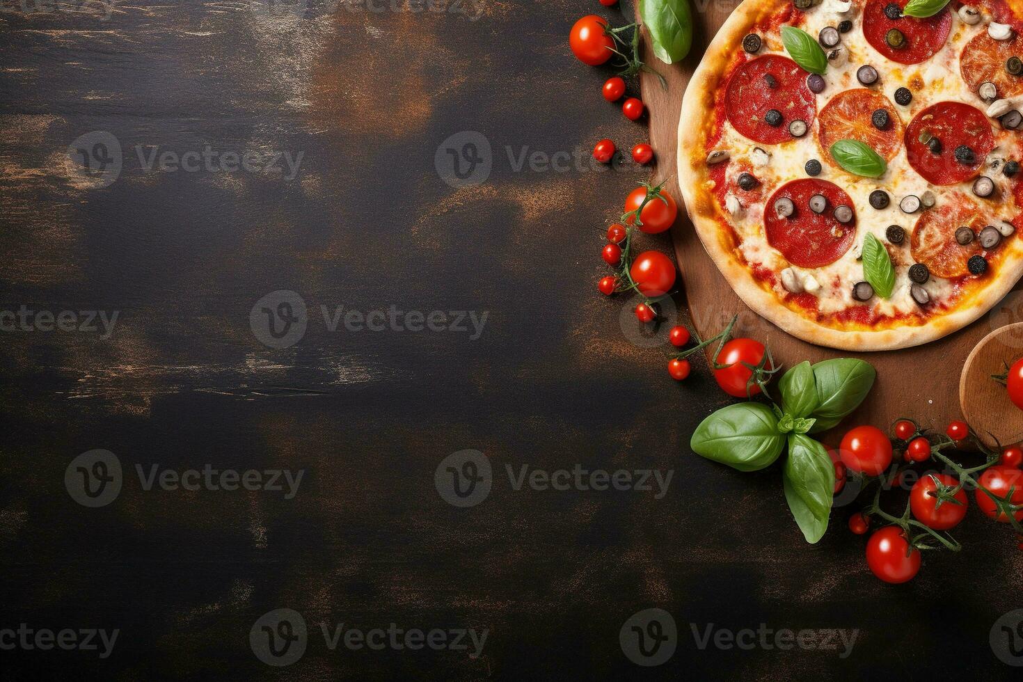 peperoni Pizza su un' buio sfondo. superiore Visualizza con copia spazio. ai generato foto