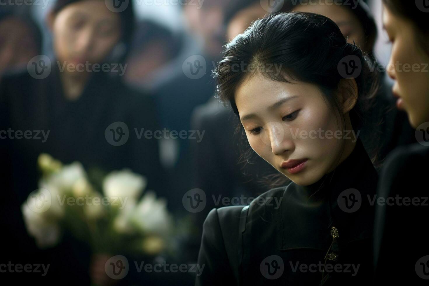 asiatico donna nel lutto a un' funerale, superficiale profondità di funerale.sul campo concetto ai generato foto