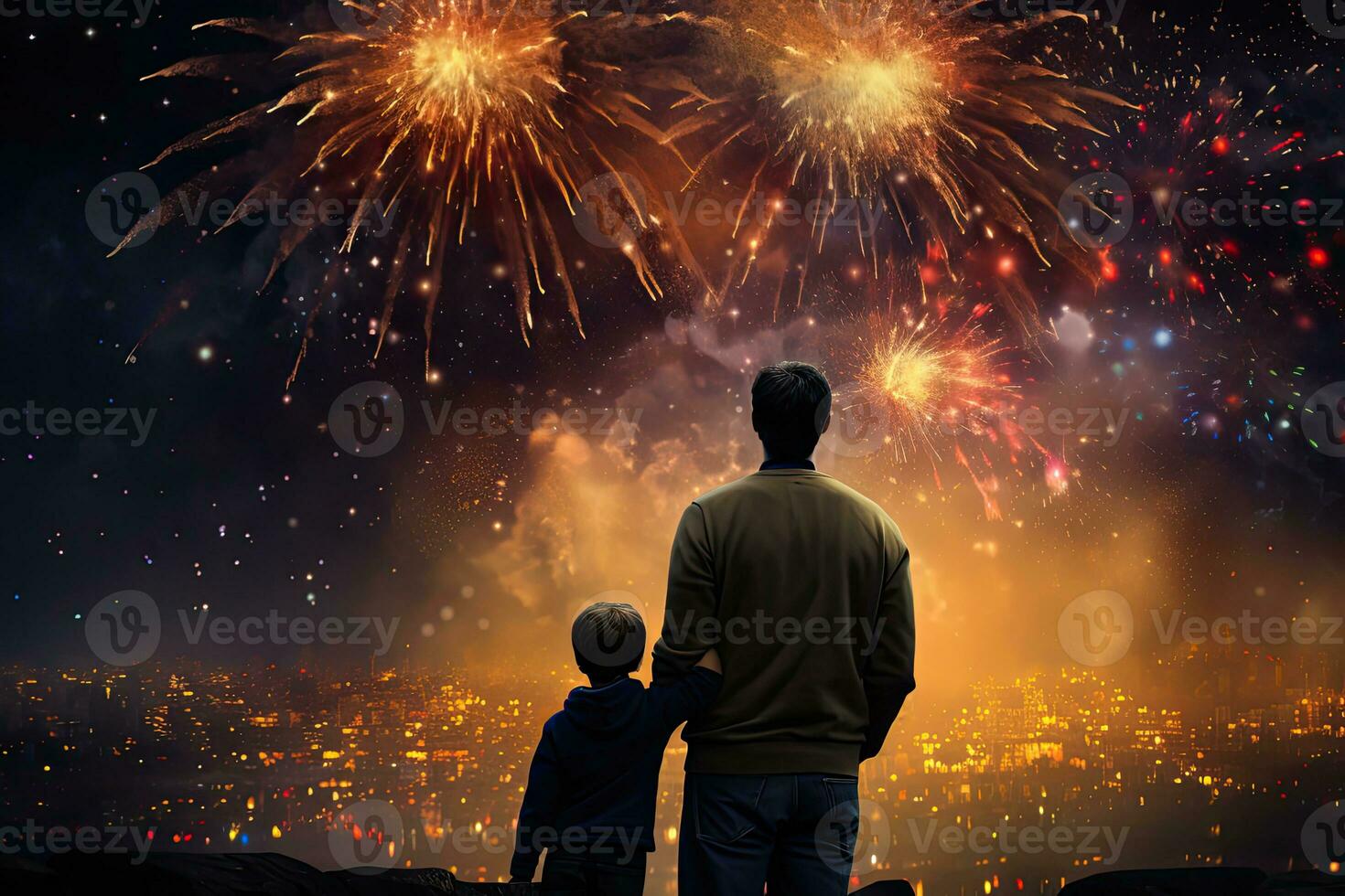 silhouette di padre e figlio con fuochi d'artificio su il sfondo di il città. indietro Visualizza di padre e figlio guardare a fuochi d'artificio su notte città sfondo. ai generato foto